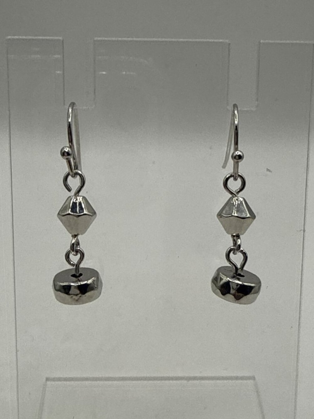 Silver Geometric Dangle Earrings Boho Faceted Bicone Artisan Drop Beads